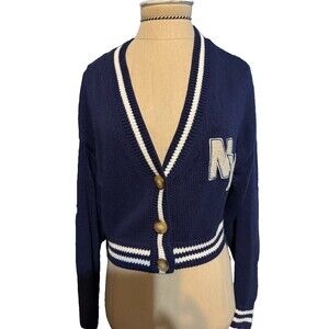 H&M Divided Sweater  Small Navy Blue Cardigan Cropped V-neck NY Varsity Cotton